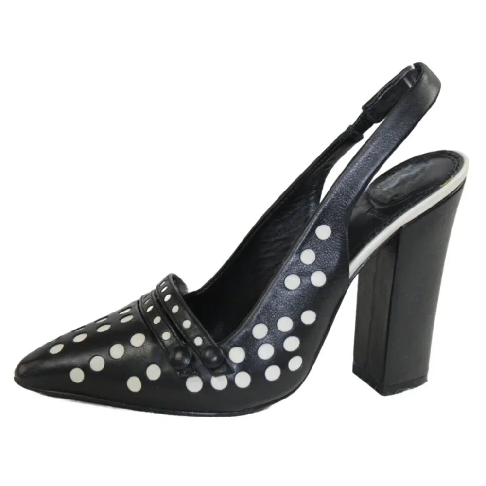 Tory Burch Kay Black Ivory Polka Dot Leather Sling Back Heels, Size 6.5